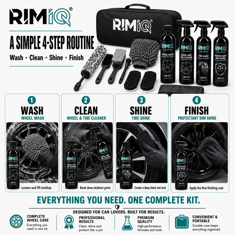 RIMiQ four-step wheel care routine: wash, clean, shine and finish