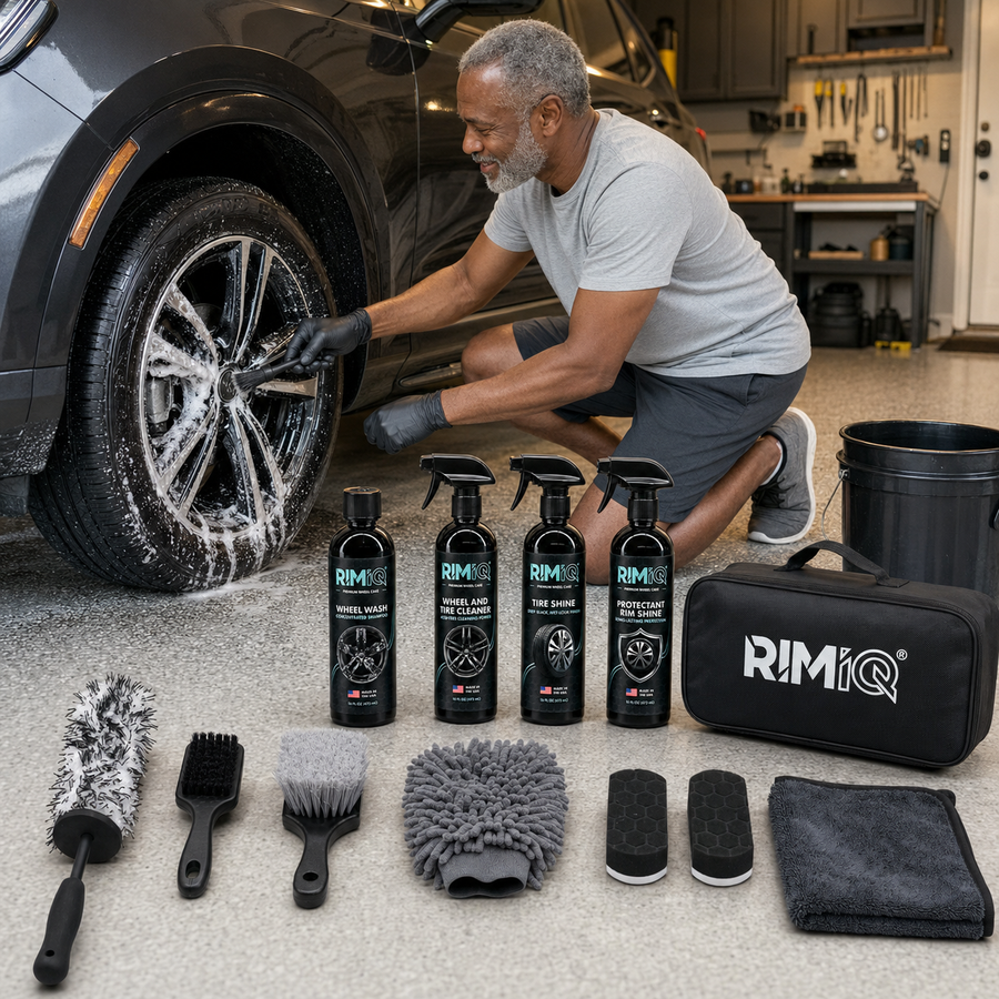 Cleaning a car wheel with the RIMiQ detailing kit