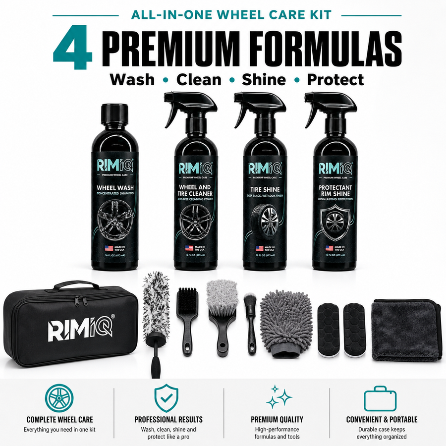 Four RIMiQ wheel-care formulas with brushes, applicators and storage bag