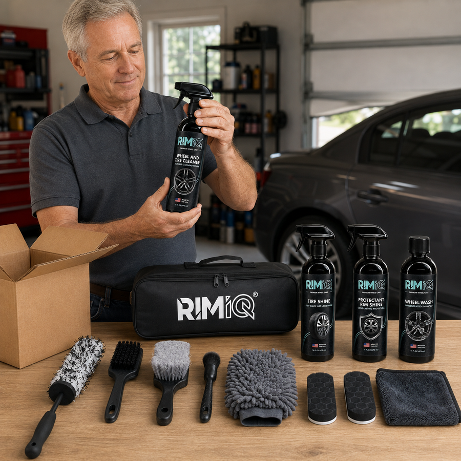 RIMiQ detailing spray and complete kit beside a car