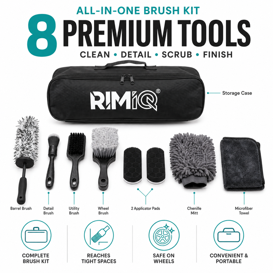 RIMiQ brush kit contents: eight detailing items plus storage case