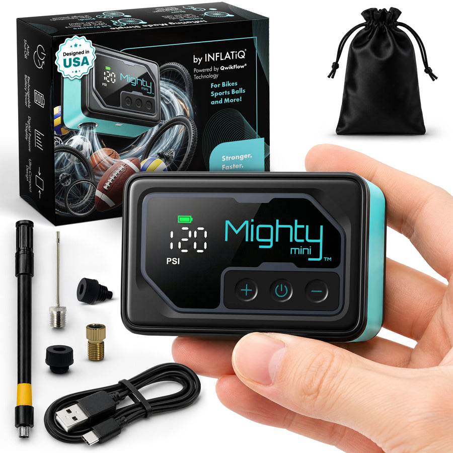 Mighty Mini portable inflator with packaging, hose, adapters, USB-C cable and carry pouch