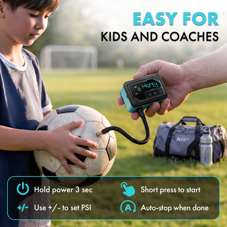 Mighty Mini inflating a sports ball with automatic shutoff
